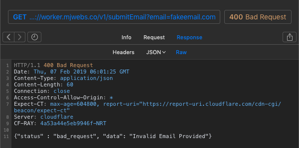 example of bad gateway for Test  or submitEmail with invalid email address while testing your API