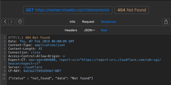 example of 404 error while testing your API while setting up your Cloudflare Worker with Serverless Framework and Gitlab CI